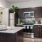 a kitchen with black cabinets